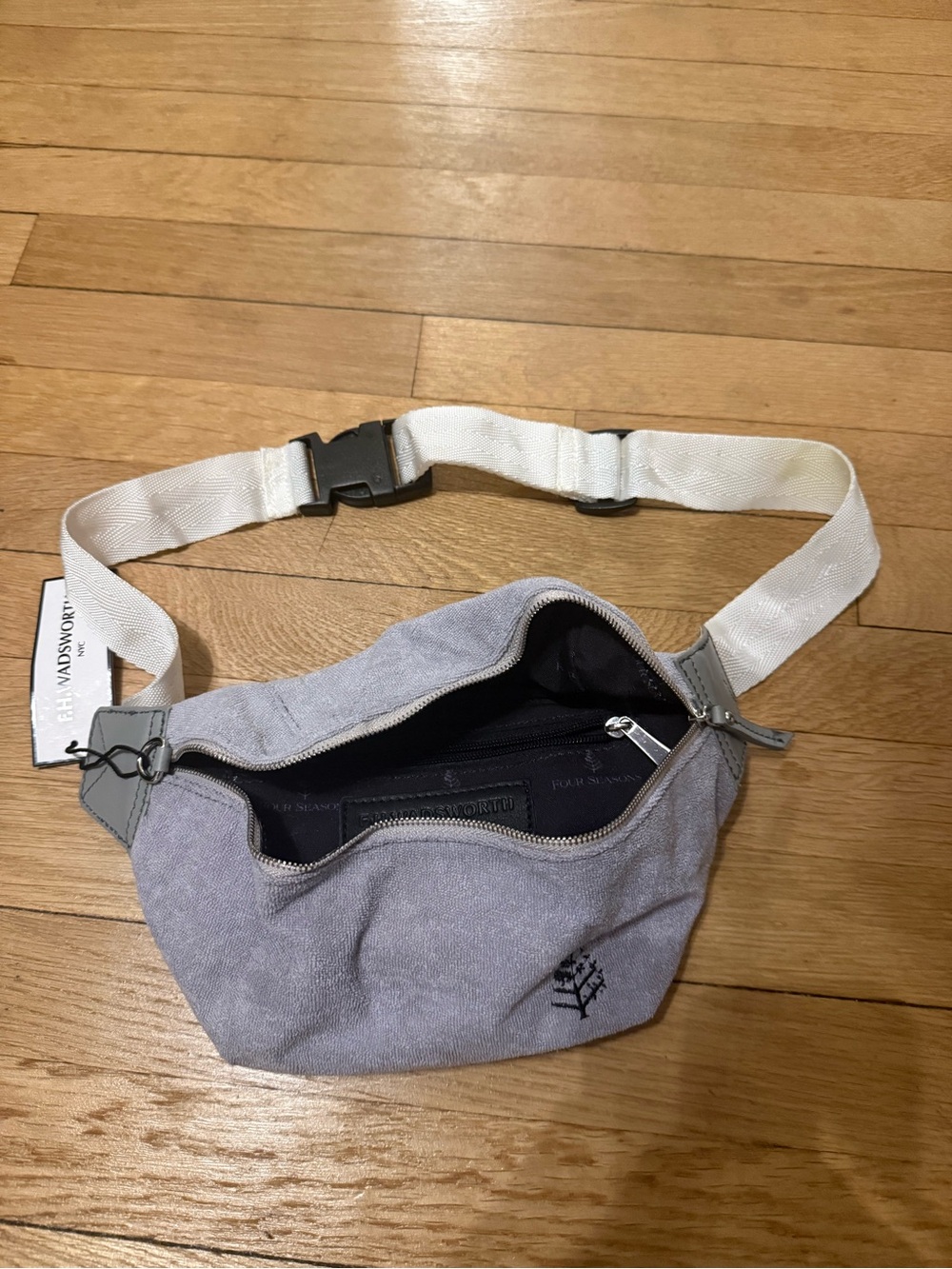 Four seasons resort NWT Gray Waist Bag with White Strap fannypack purse
